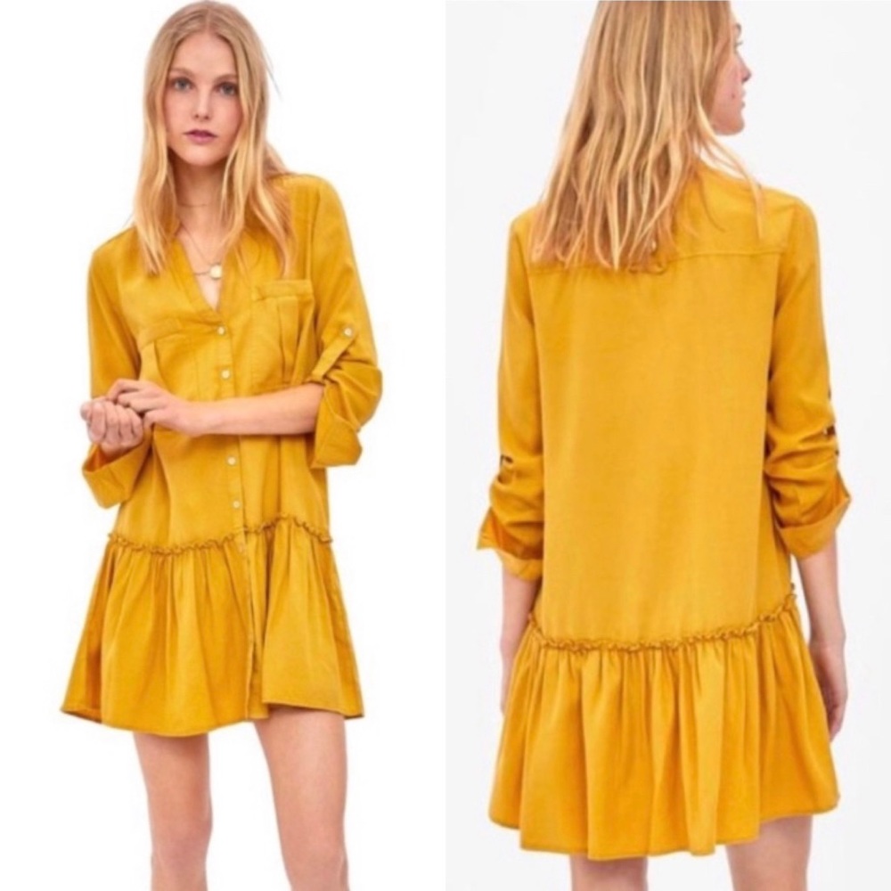 Zara Shirt Dress Mustard Yellow With Ruffled Hem - Picture 1 of 15